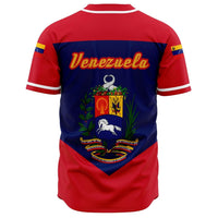 Venezuela baseball jersey back: blue body with red sleeves, 'Venezuela' wordmark and crest