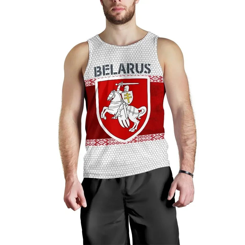 Men's Belarus tank top with white mesh pattern, red shield crest, and BELARUS text