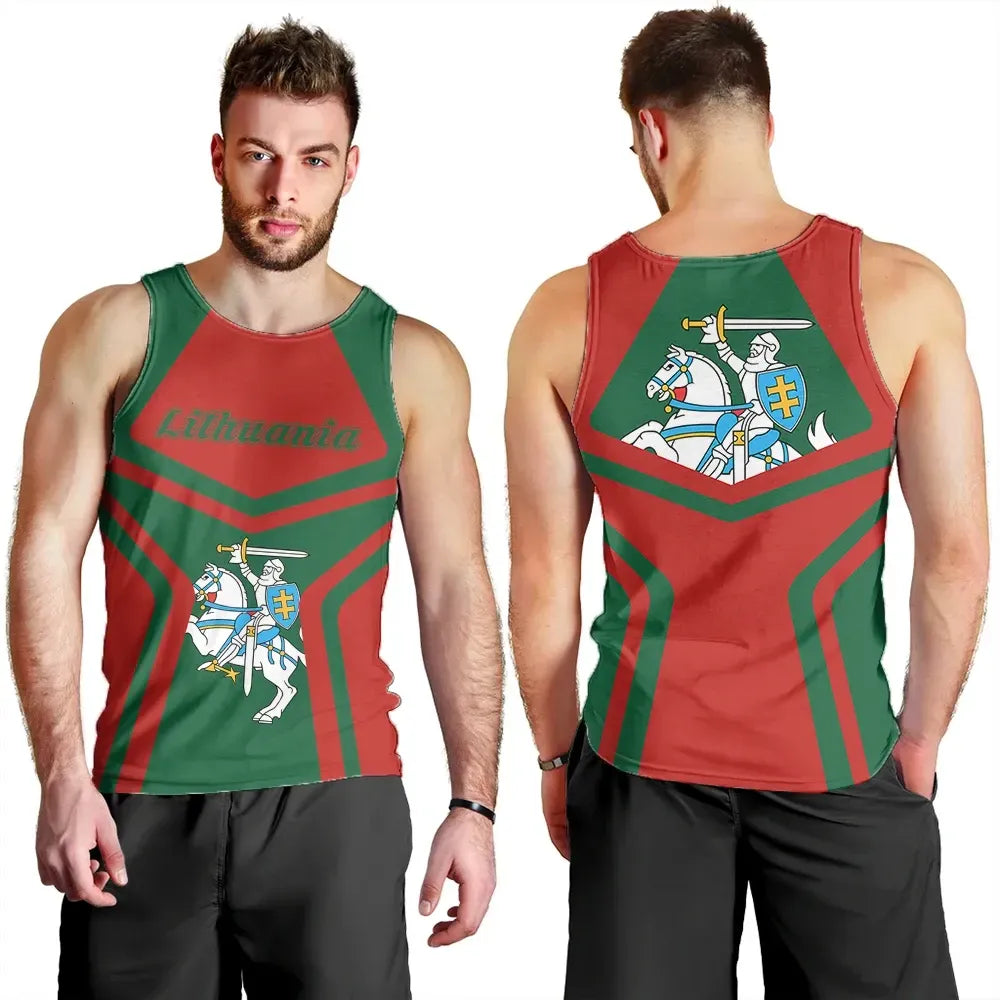 Men's Lithuania tank top, red/green stripes with text and knight crest, front