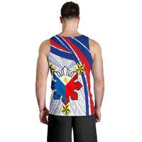 Men's tank top back view with blue red white Polynesian flag graphic and stars