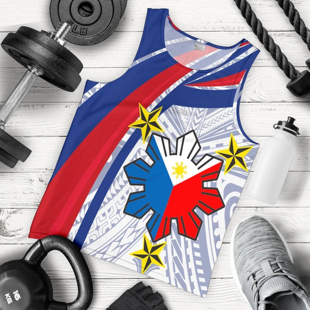 Flat-lay men's tank top with blue red white Polynesian flag graphic and yellow stars