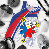 Flat-lay men's tank top with blue red white Polynesian flag graphic and yellow stars