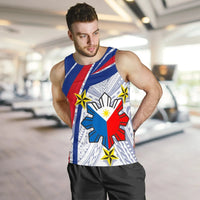 Men's tank top blue red white Polynesian flag print with central emblem and stars