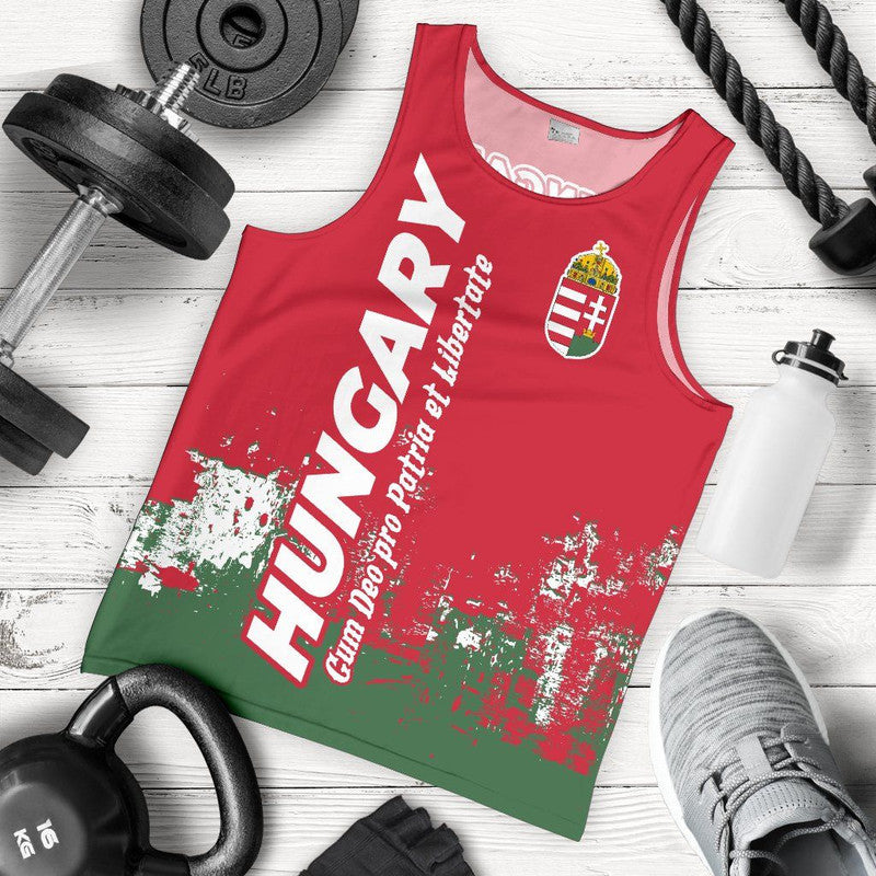 Red tank top with scoop neck, Hungary crest and white text over green splatter print