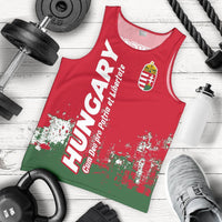 Red tank top with scoop neck, Hungary crest and white text over green splatter print