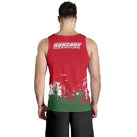 Men’s red tank with back Hungary crest and green splatter print at hem