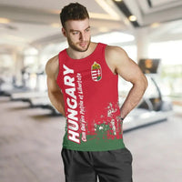 Men’s red Hungary tank with white side text, crest and green splatter hem