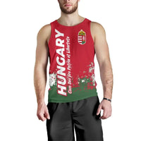 Men’s red sleeveless tank with large Hungary wordmark, crest and green splatter