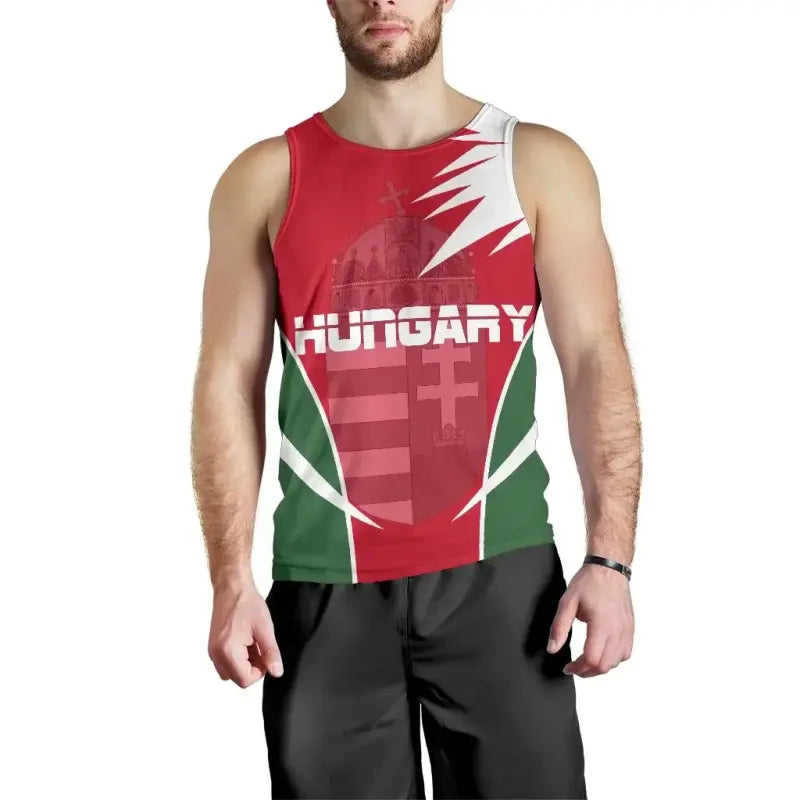 Red sleeveless Hungary crest tank top with white text and green side panels