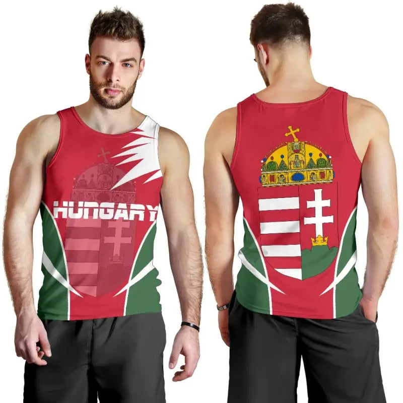Men's red athletic tank top with Hungary crest graphic, sleeveless crew neck