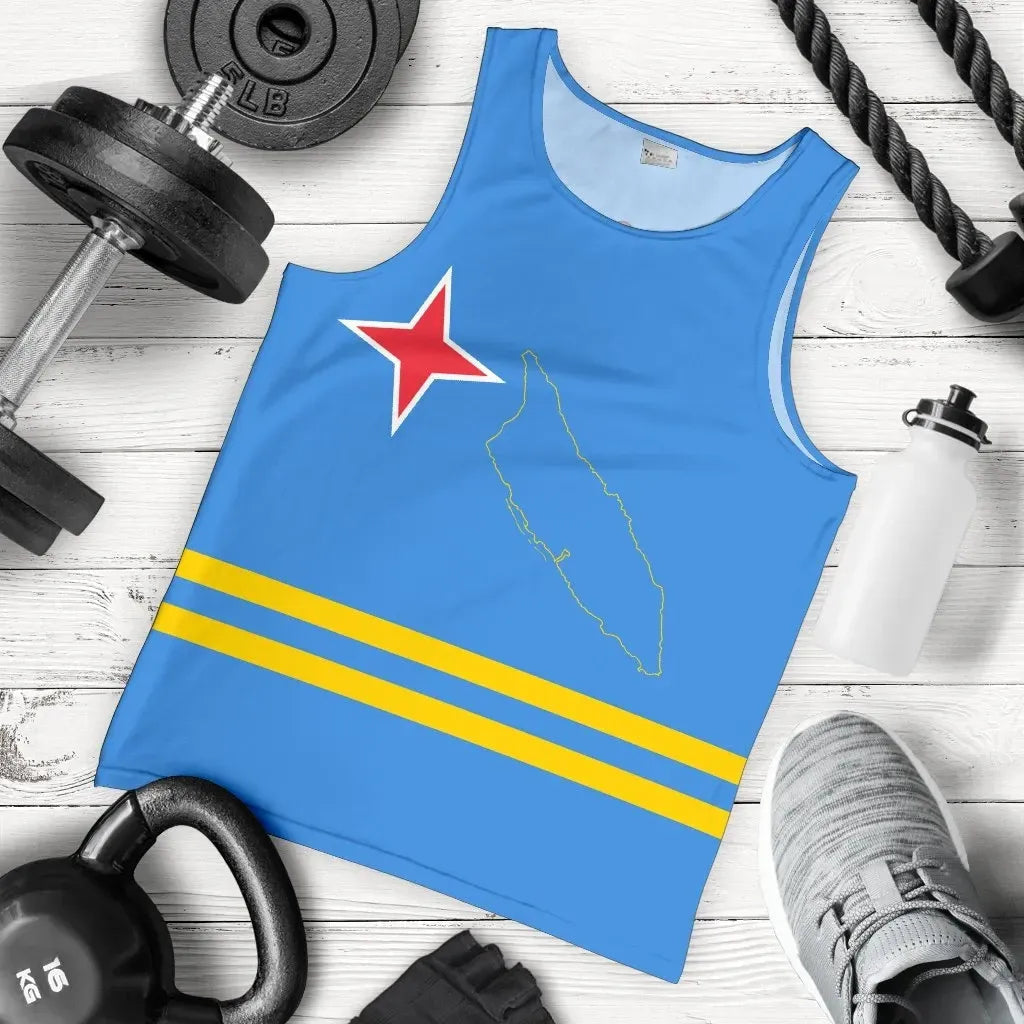 Blaues Herren Tanktop mit rotem Stern, gelb-blauen Streifen und Länderumriss