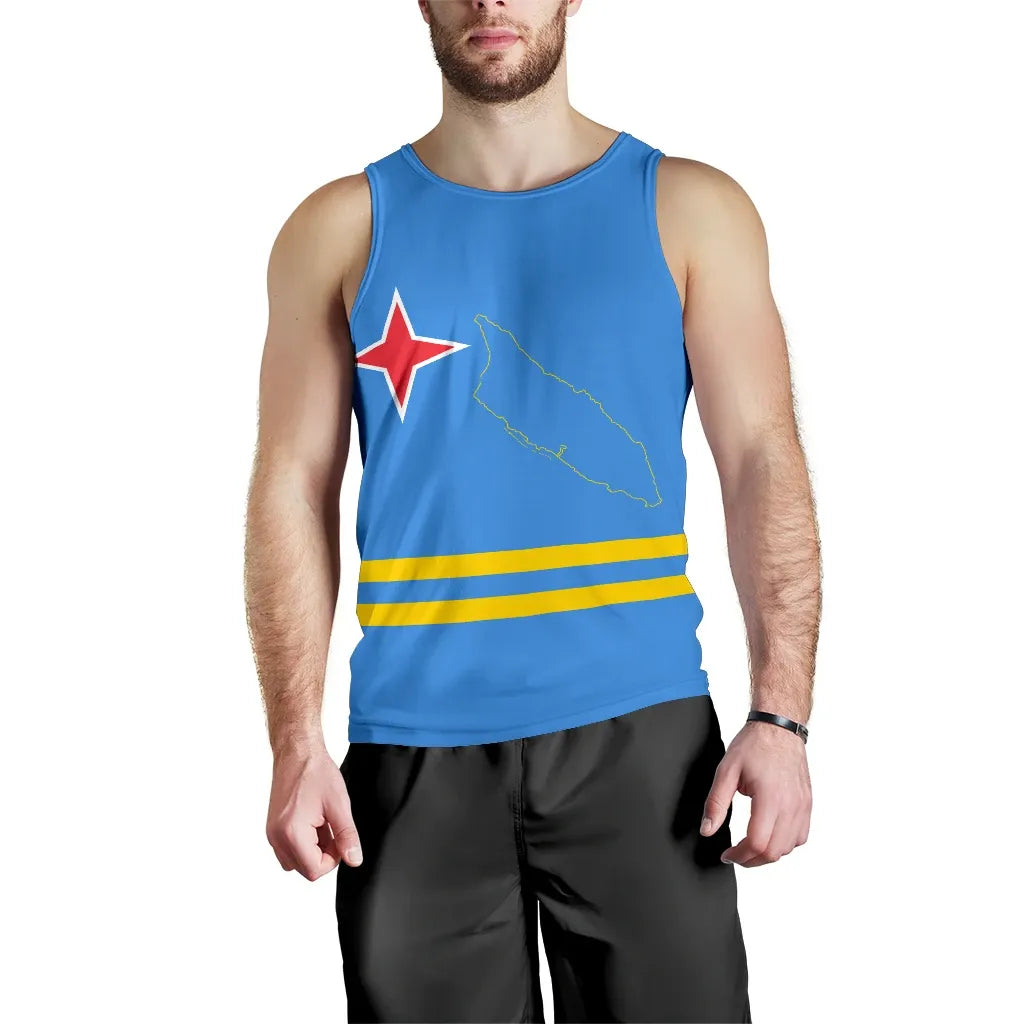 Blaues Herren Tanktop mit rotem Stern und Umriss von Aruba, gelb-blaue Streifen