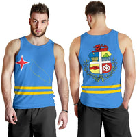 Blaues Herren Tanktop, Vorderseite mit Stern und Umriss, gelb-blau gestreift