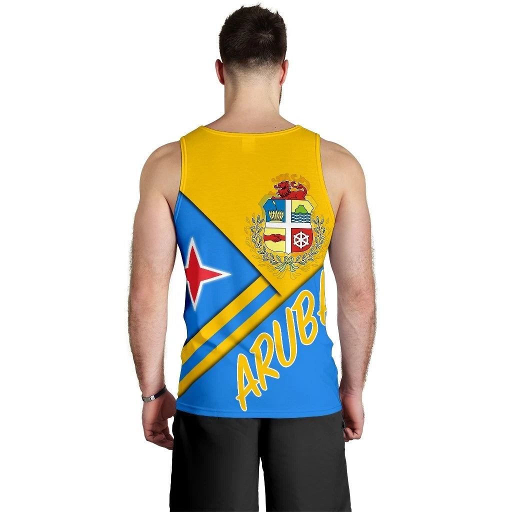 Back view Aruba tank top, blue back panel with coat of arms and ARUBA lettering