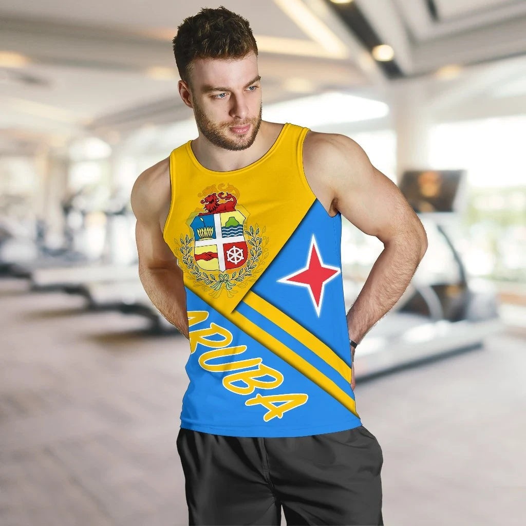 Aruba tank top on model: yellow chest with coat of arms and white star