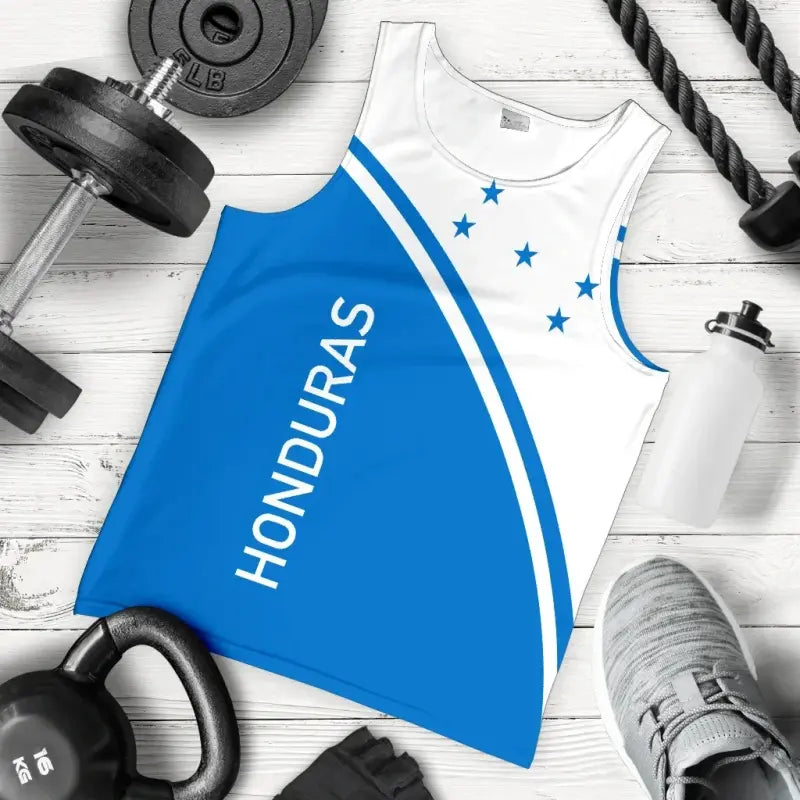 Blue men's tank top with 'HONDURAS' vertical print and white curved stripe trim