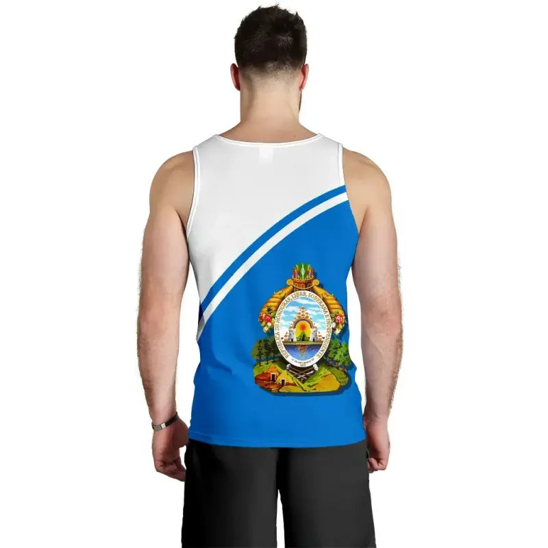 Men's Honduras tank top back with large crest graphic and blue center panel