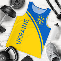 Flat lay of men’s blue and yellow Ukraine tank top with trident crest and UKRAINE
