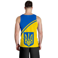 Men’s blue and yellow Ukraine tank top, back view with trident emblem