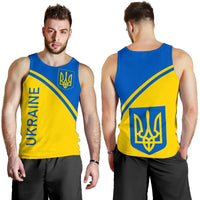 Men’s blue and yellow Ukraine tank top with trident crest and vertical UKRAINE text