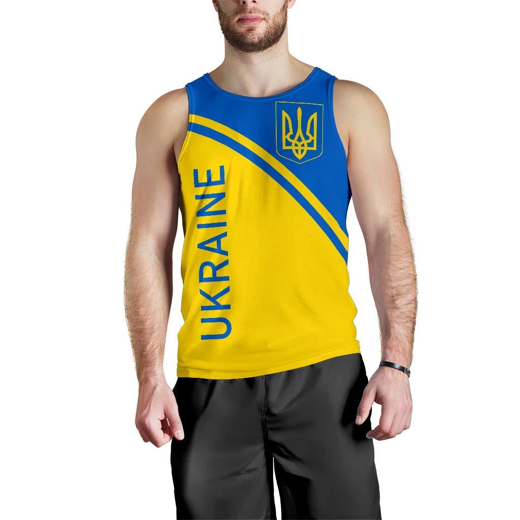 Men’s yellow-and-blue Ukraine tank top with trident crest and UKRAINE lettering