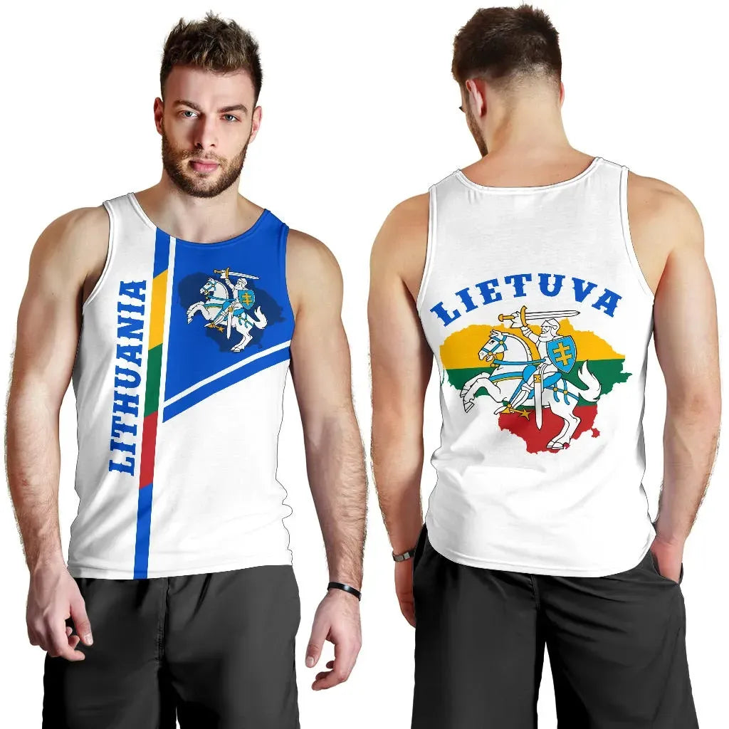 Men's white tank top: front LITHUANIA stripe, back LITHUVA crest graphic