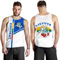 Men's white tank top: front LITHUANIA stripe, back LITHUVA crest graphic