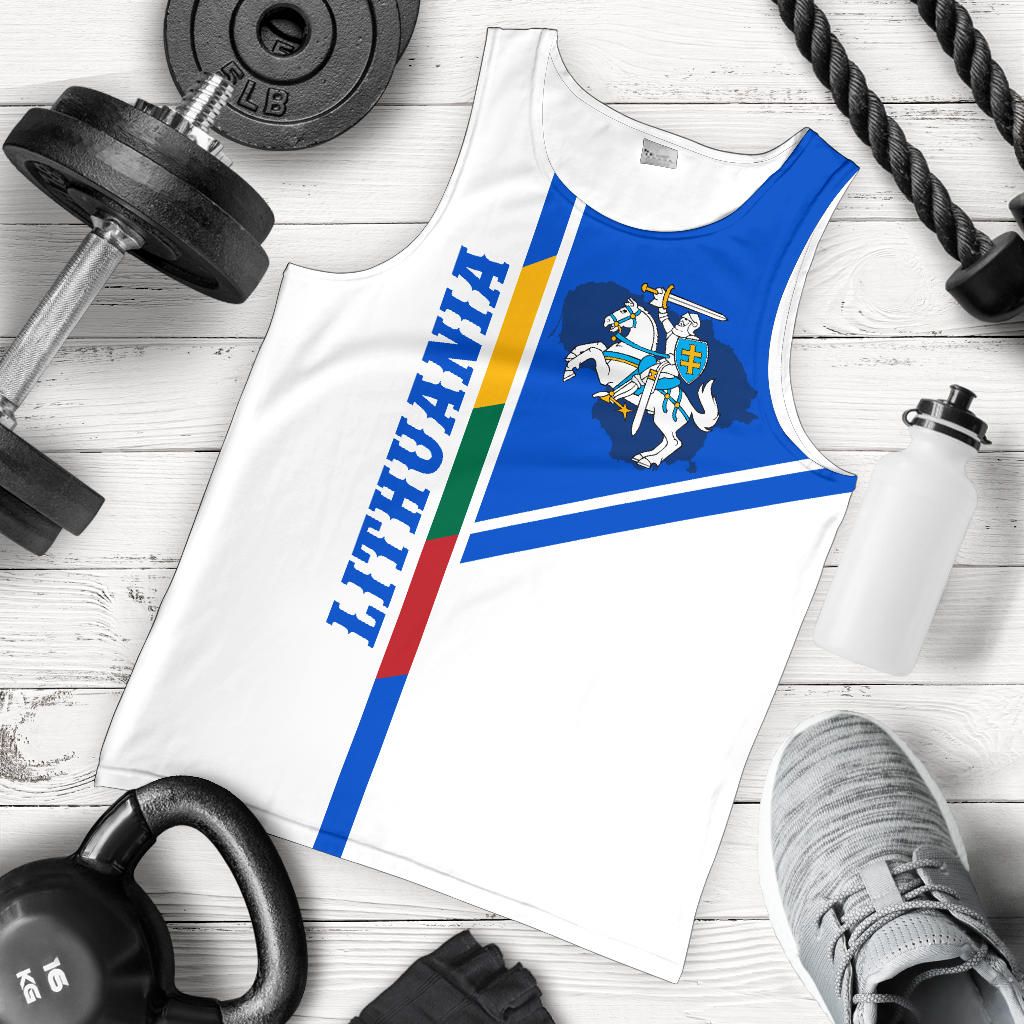 Men's white tank top flat lay with blue/red LITHUANIA stripe and knight crest