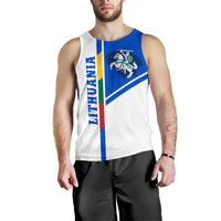 Men's white tank top front with blue/red LITHUANIA stripe and mounted knight crest