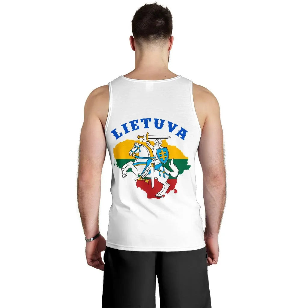 Men's white tank top back with LITHUVA text and mounted knight crest in colors