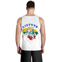 Men's white tank top back with LITHUVA text and mounted knight crest in colors