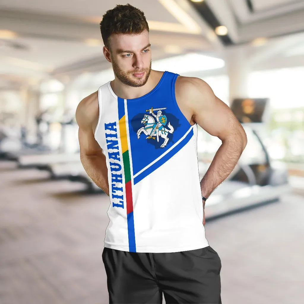 Men's white tank top front with blue LITHUANIA stripe and knight crest graphic