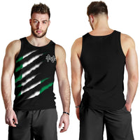 Men’s black tank top: front has green/white diagonal stripe; back is solid