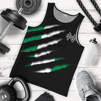 Men’s black tank top with green/white diagonal stripe graphic and front emblem