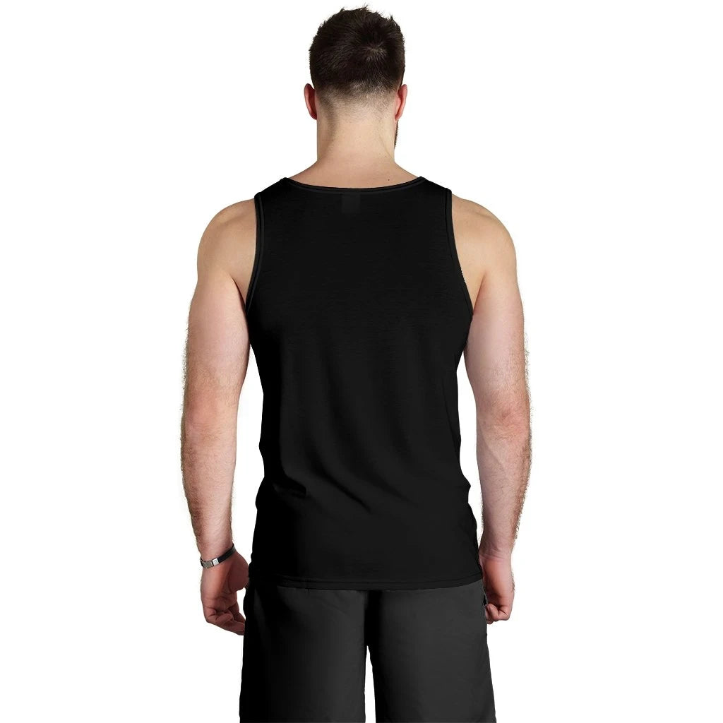 Men’s black tank top, back view with plain fabric and crew neckline