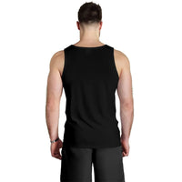Men’s black tank top, back view with plain fabric and crew neckline