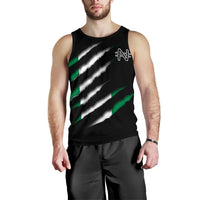 Men’s black sleeveless tank with green and white diagonal stripe graphic at chest