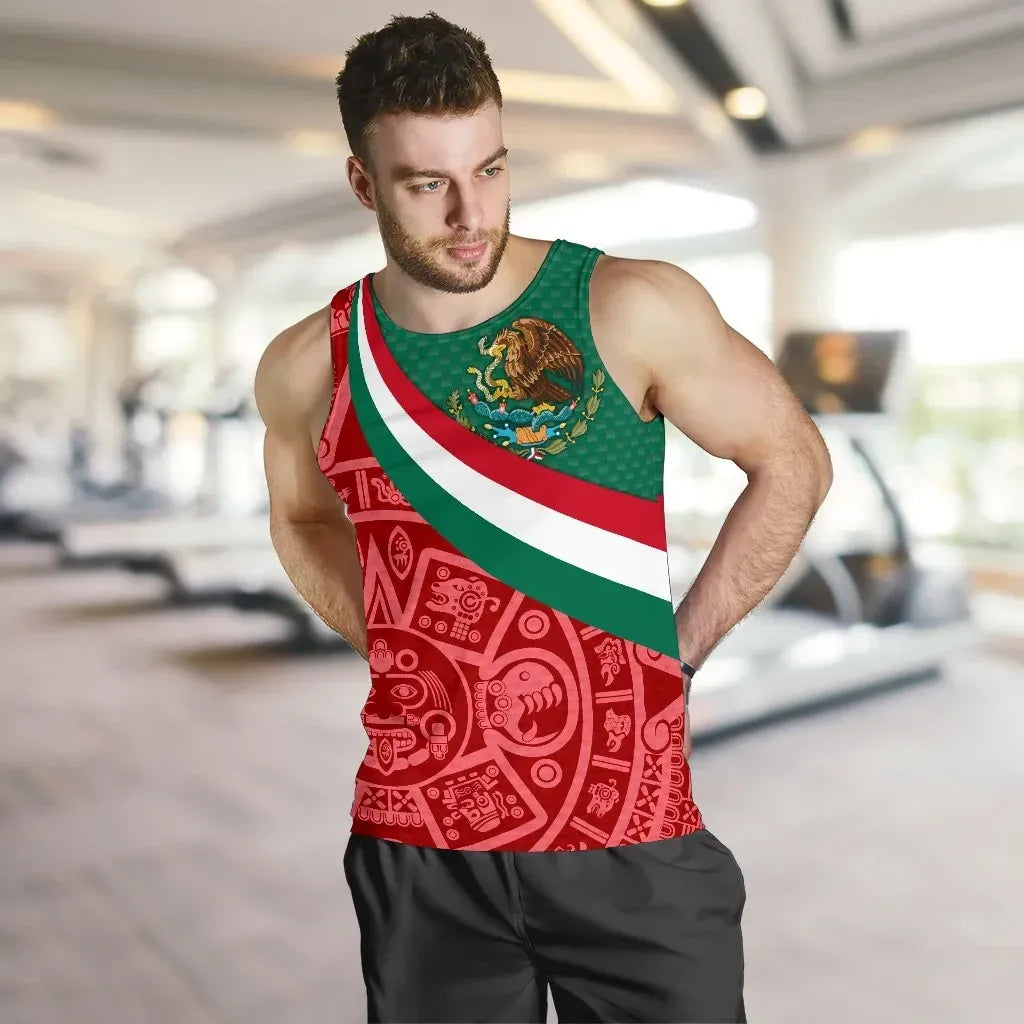 Men's Mexico tank top angled view: eagle crest, green-white-red diagonal stripes, Aztec pattern