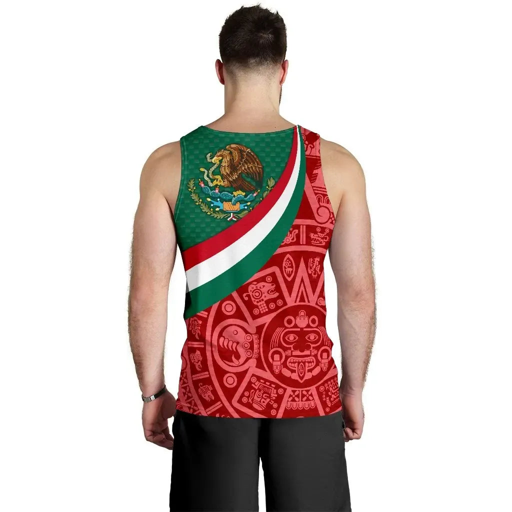 Men's Mexico tank top back, eagle crest and diagonal green-white-red stripes with Aztec print