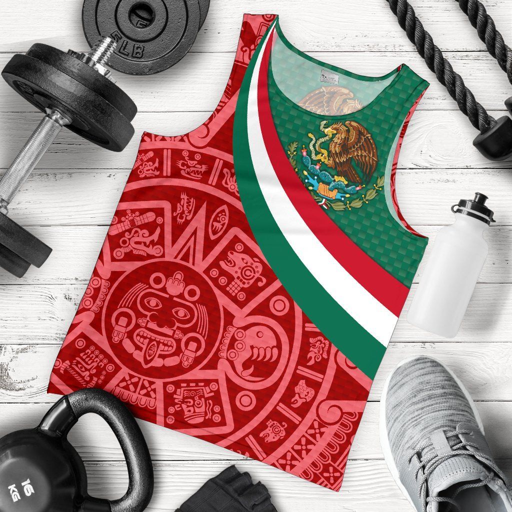 Sleeveless Mexico tank top with eagle crest, diagonal green-white-red stripes, Aztec pattern