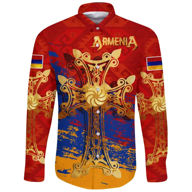 Armenia Khachkar, Armenian Cross Special Long Sleeve Button Shirt RLT8 - Wonder Print Shop