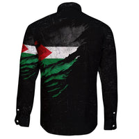 Unisex long-sleeve button shirt, black with rear Palestinian flag graphic