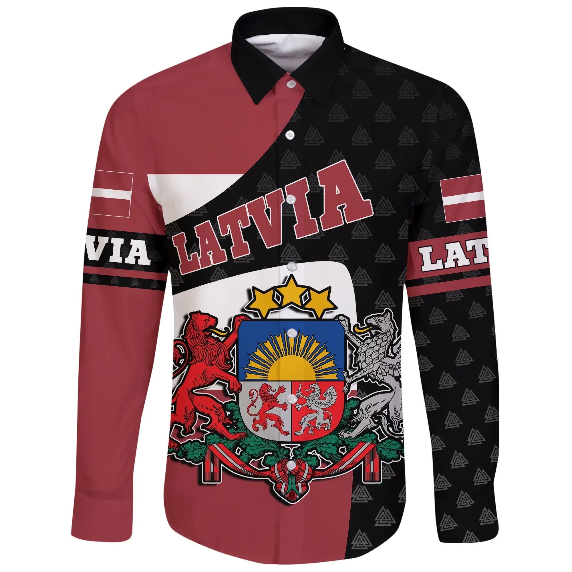 Latvia Long Sleeve Button Shirt - Flag and Valknut Symbols RLT6 - Wonder Print Shop