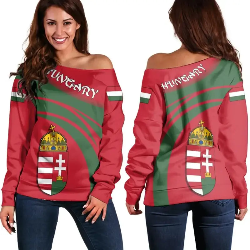Women’s off-shoulder sweater, red with Hungary crest front and green striped bands