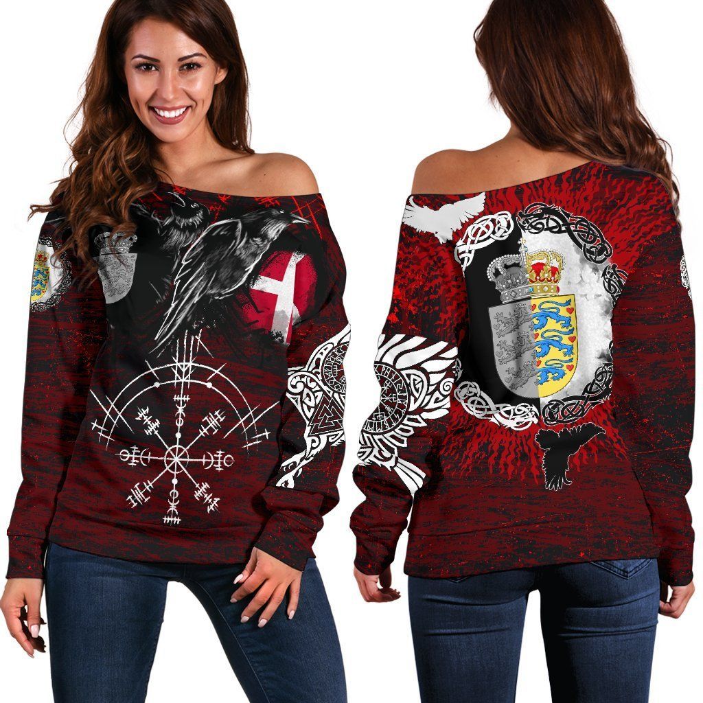 Viking Women's Off Shoulder Sweater, Denmark Raven of Odin and Symbol Viking on Blood Background RLT13 - Wonder Print Shop