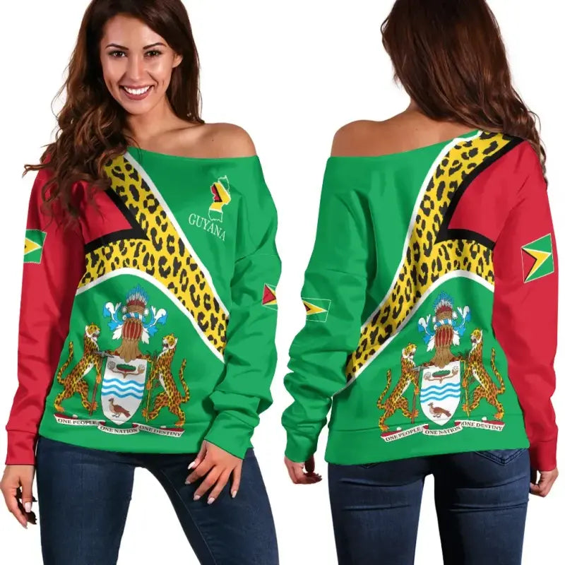 Guyana Off Shoulder Sweater Flag Map CoA Limited RLT8 - Wonder Print Shop