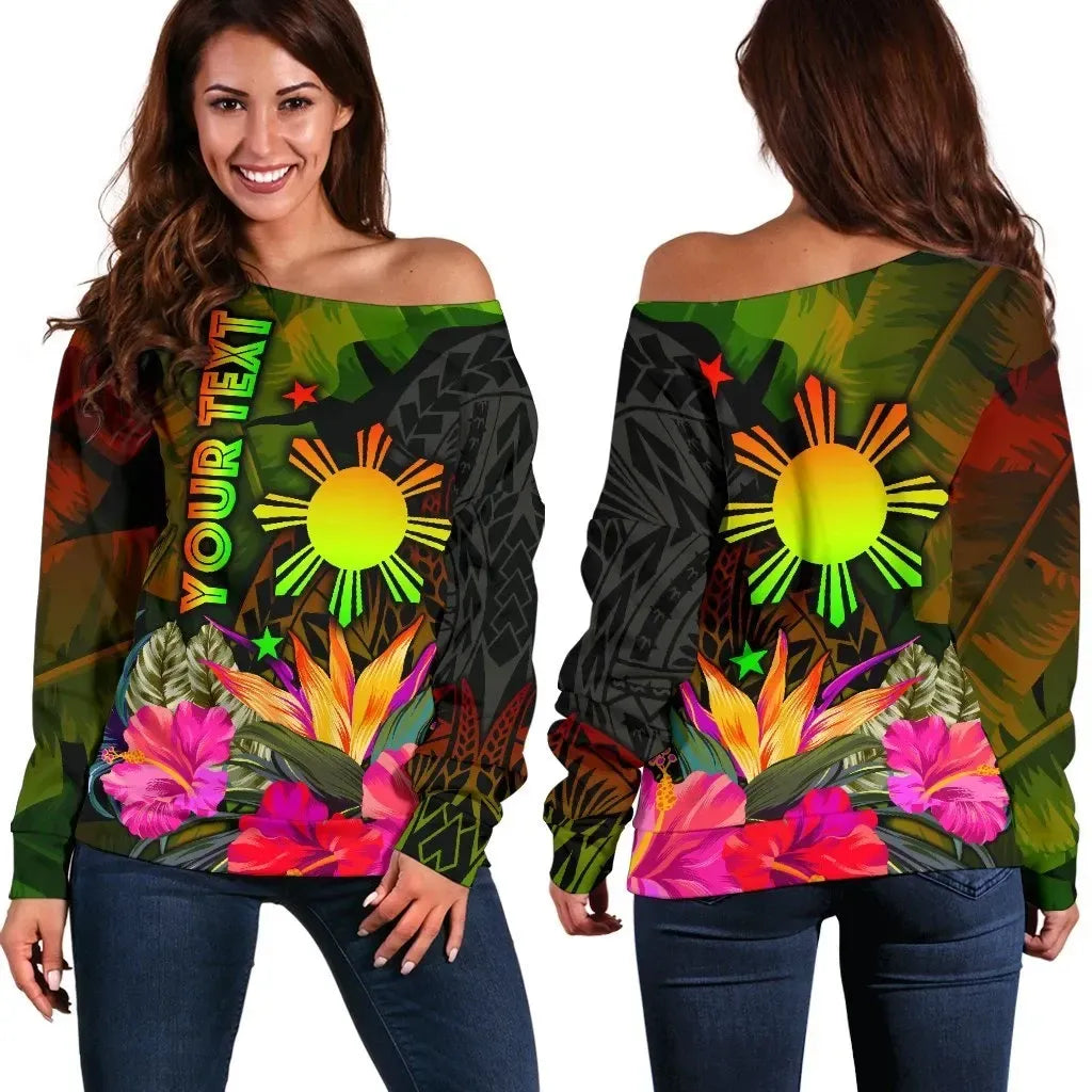 The Philippines Polynesian Personalised Women's Off Shoulder Sweater, Hibiscus and Banana Leaves RLT6 - Wonder Print Shop