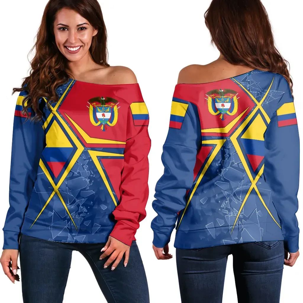Women off-shoulder sweater: multicolor Colombia emblem with geometric X pattern