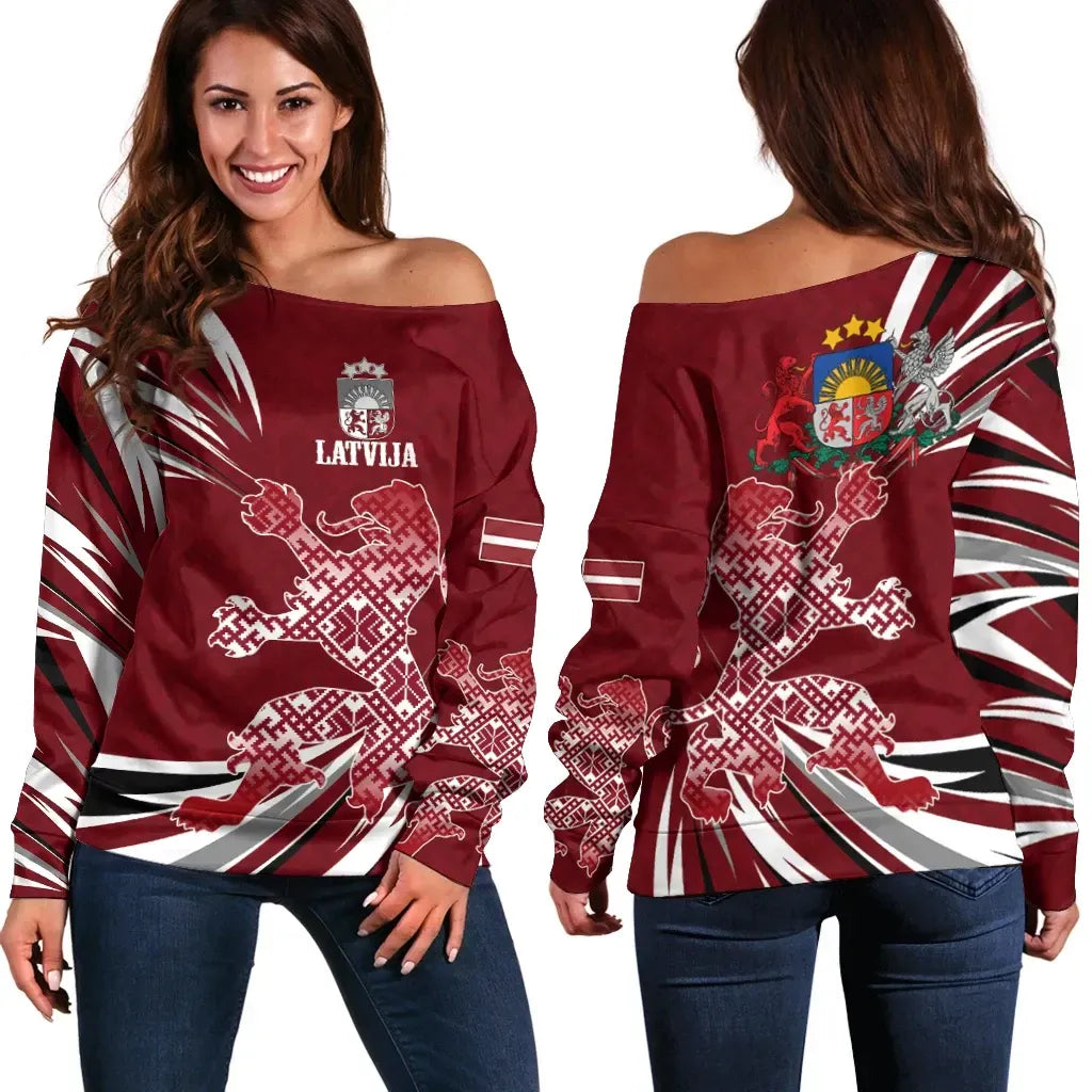 Latvia, The Latvian Lion Off Shoulder Sweater RLT6 - Wonder Print Shop