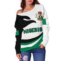 Off-shoulder sweater, Nigeria text and crest print; white and black with green bands